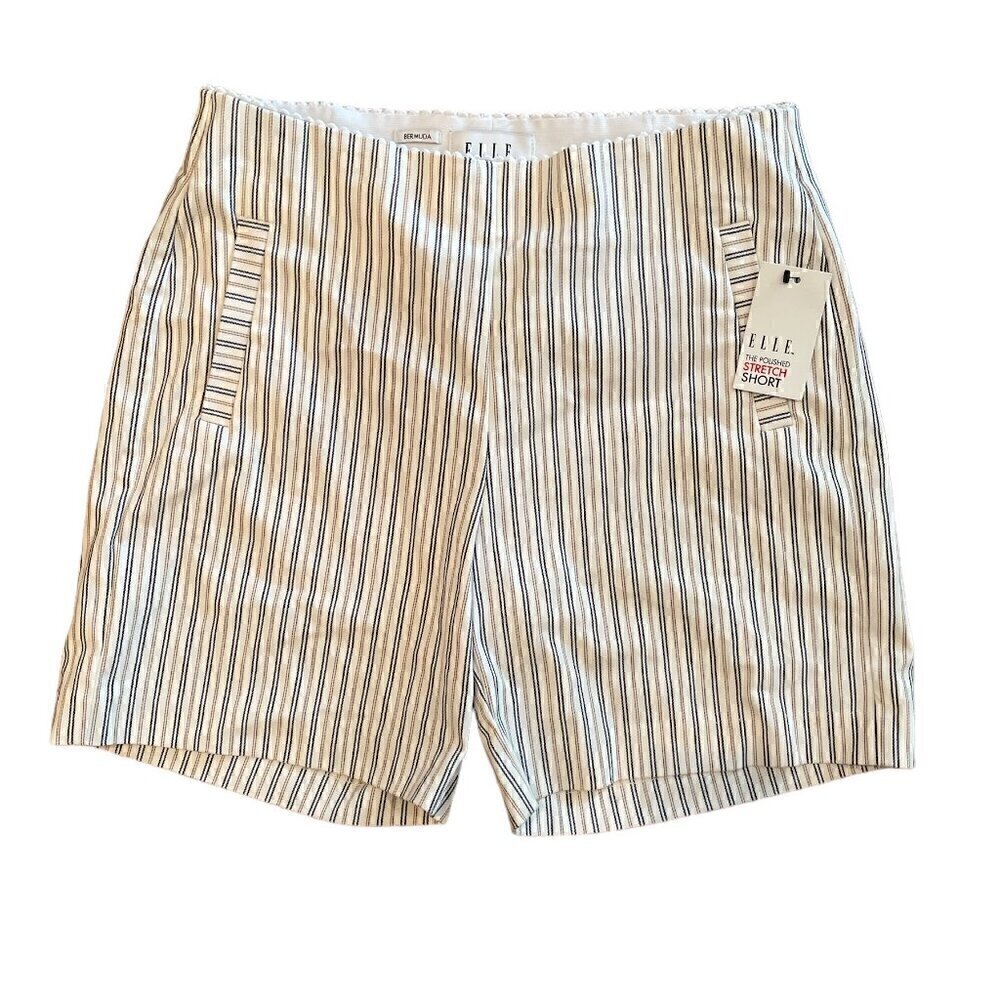 Elle Comfy Mid-Rise Striped Blue White Bermuda Shorts Size Medium